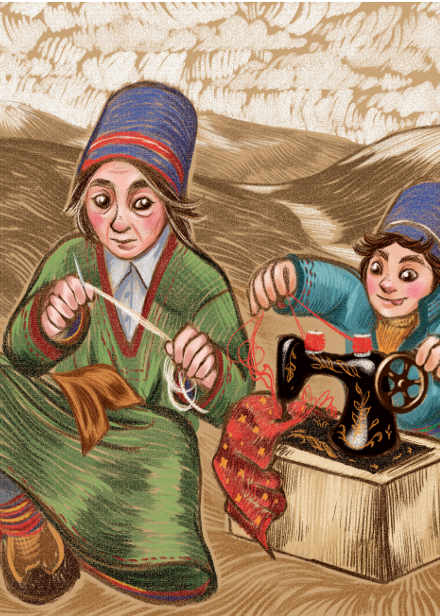 Illustration av Sunna Kuoljok. Barn syr på symaskin och hunden tittar på.