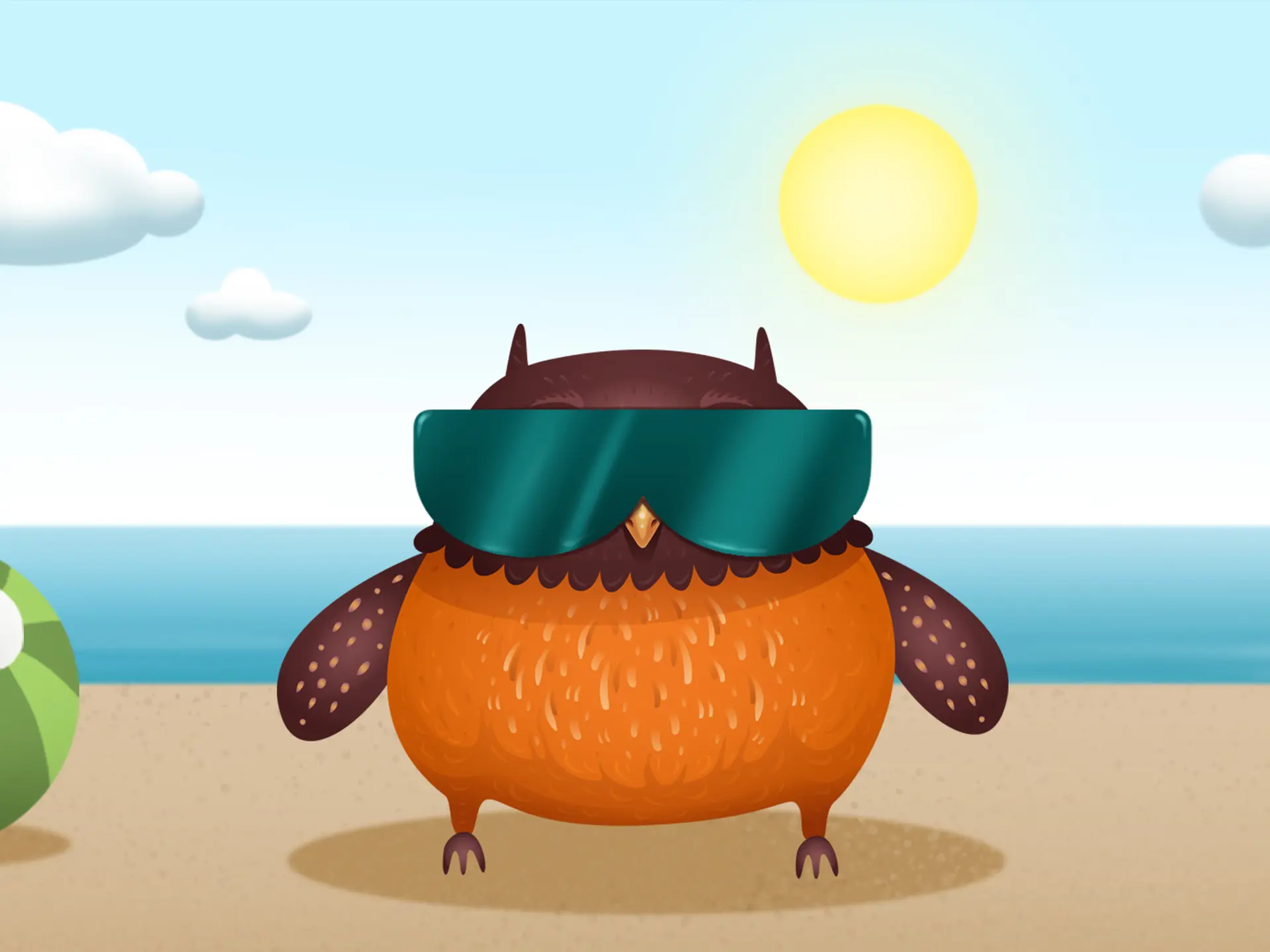 Ugglan med solglasögon på en strand.