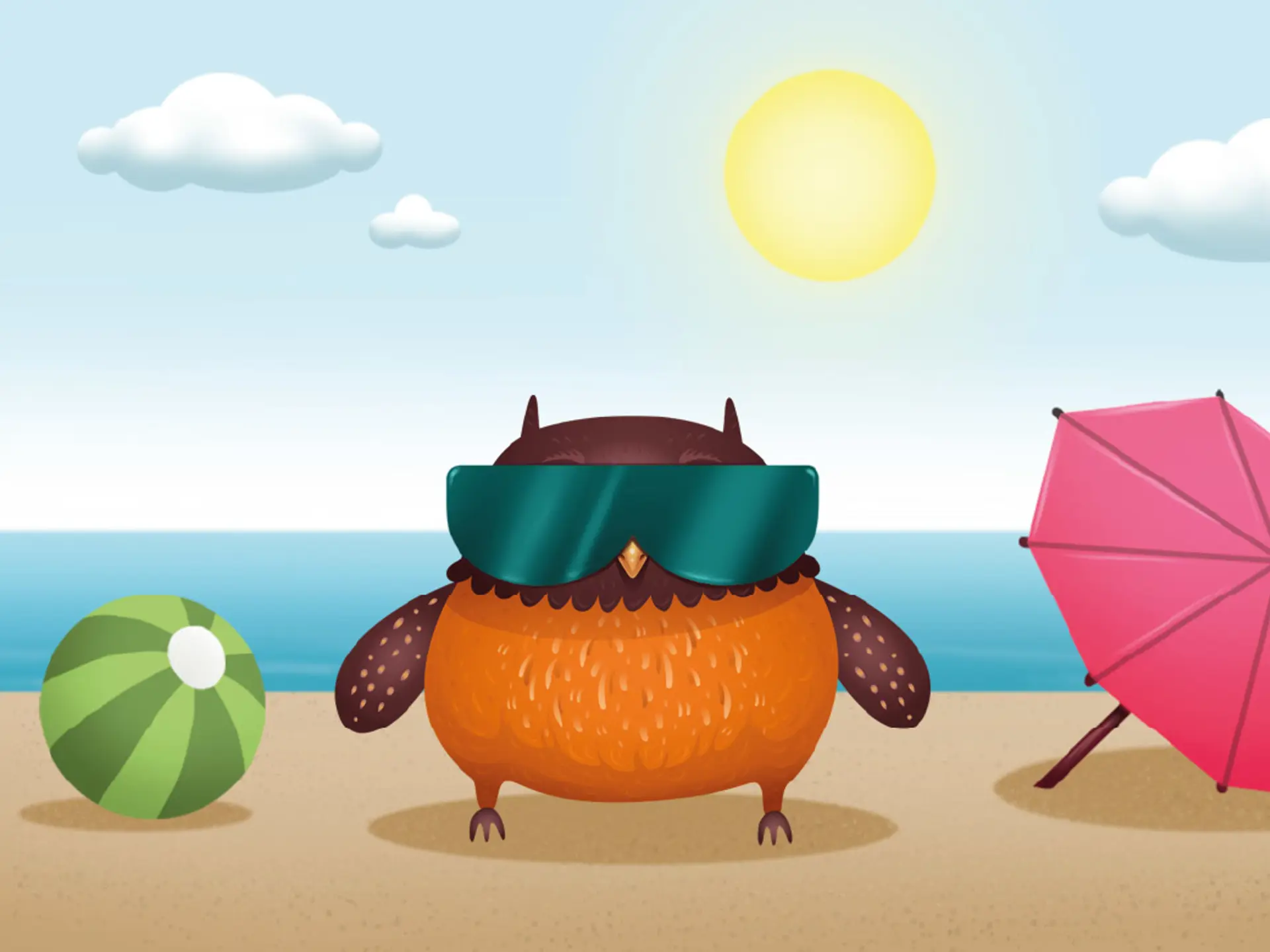 Ugglan med solglasögon på en strand.