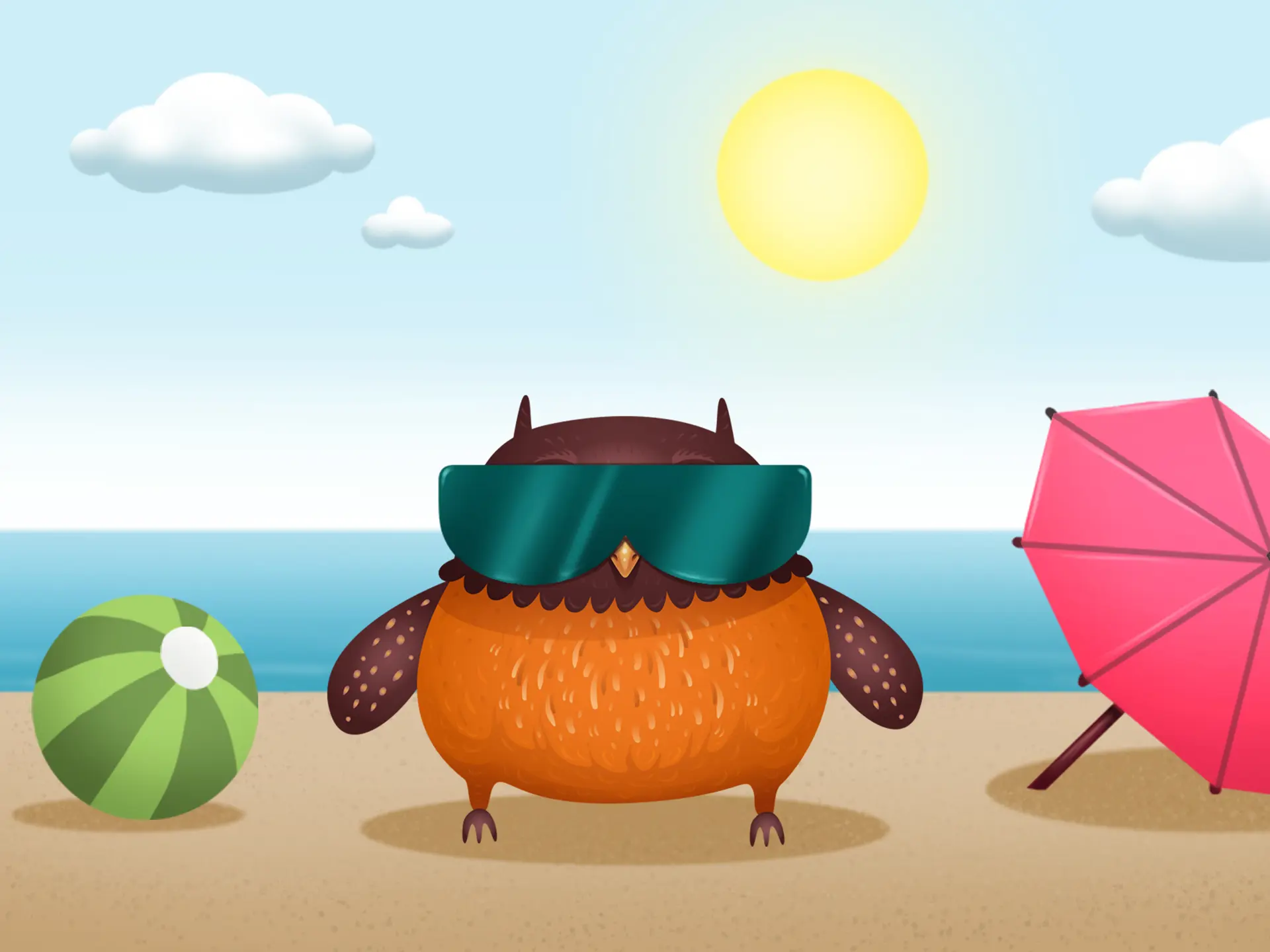 Ugglan med solglasögon på en strand.